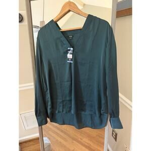 Express Top Womens Green Satin V Neck Long Sleeve Blouse Large